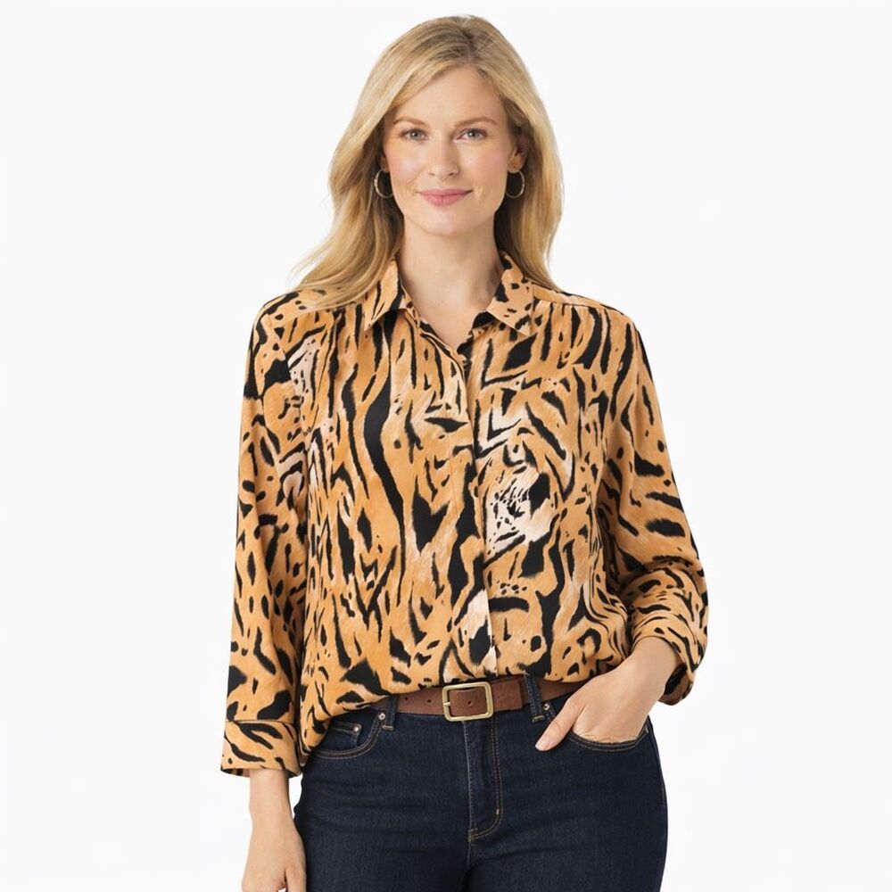 Alfred Dunner Tiger Animal Print Button Front Blouse Womens Size 10 Relaxed Fit